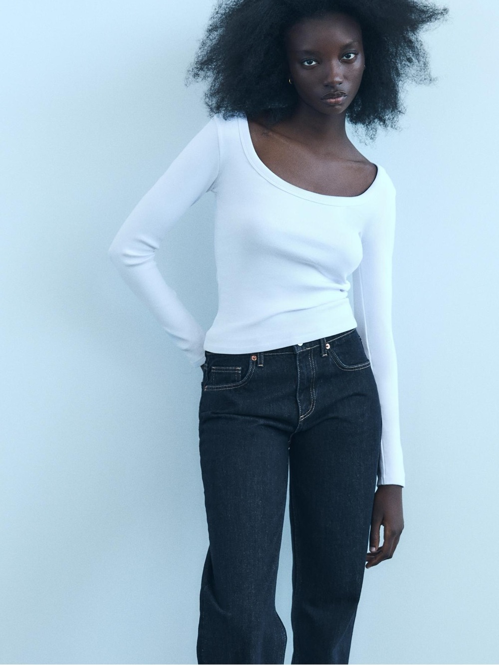 Zara White Long Sleeved Ribbed T-Shirt